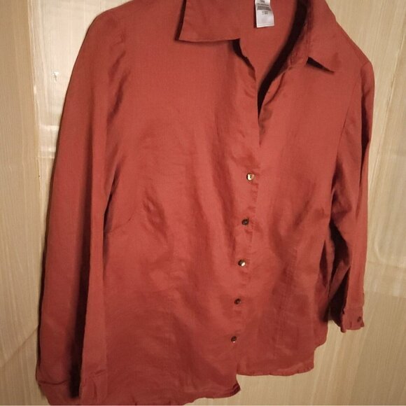 Anne Klein Plus Brick Red Linen 3/4 Sleeve Button Down 18W - Picture 3 of 5